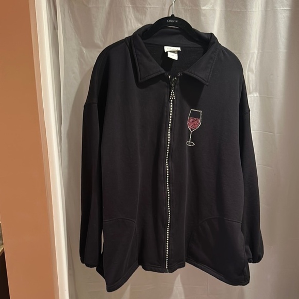 Black Zip-Up Jacket with Wine Glass Bedazzle